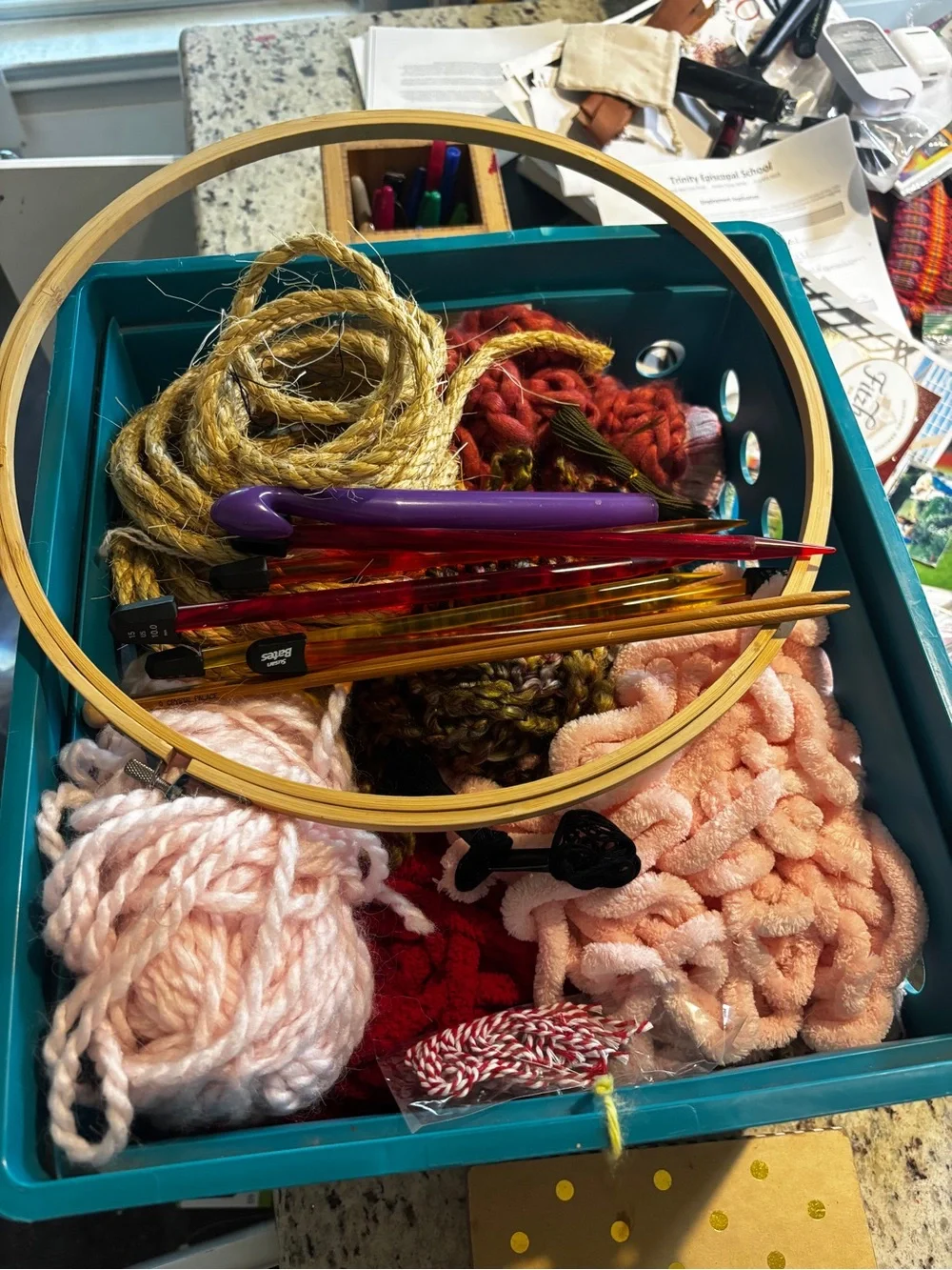 Bin filled with a ton of ribbon and string scraps